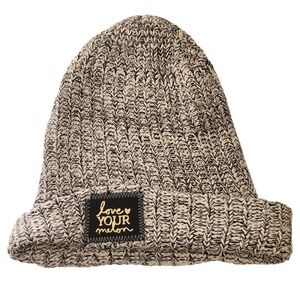 Love Your Melon Beanie Hat Marled Cream Black Gold Foil Patch 100% Cotton USA